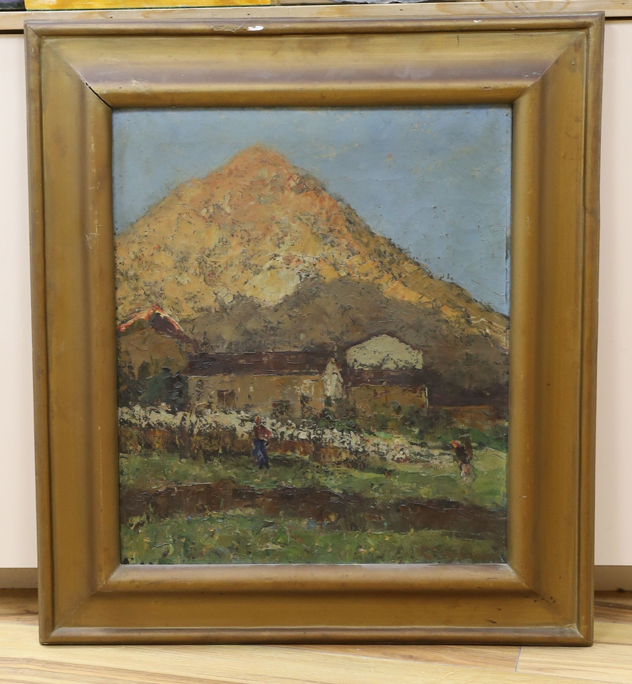 Guglielmo Pizzirani (Italian, 1886-1971), oil on canvas, Figures in a mountain landscape, indistinctly signed, 54 x 46cm